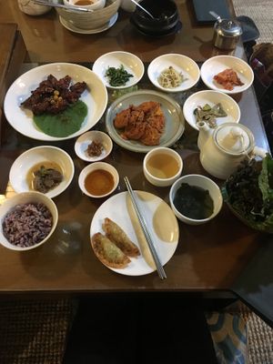 Spicy mushroom roll upper left, dumplings and soy  at Oh Se Gae Hyang - 오세계향 in Seoul
