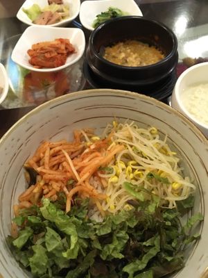 비빔밥 ("Bibimbap") with sides, and 비지찌개 ("Biji Stew")  at Oh Se Gae Hyang - 오세계향 in Seoul