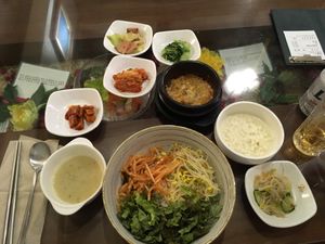 비빔밥 ("Bibimbap") with sides, and 비지찌개 ("Biji Stew")  at Oh Se Gae Hyang - 오세계향 in Seoul