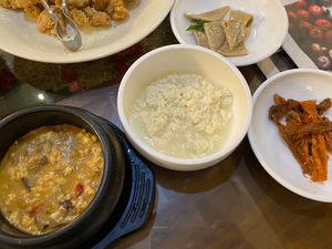 Bean paste, soft tofu, vegan fish cake and some other kind of vegan meat.   All super yum    at Oh Se Gae Hyang - 오세계향 in Seoul