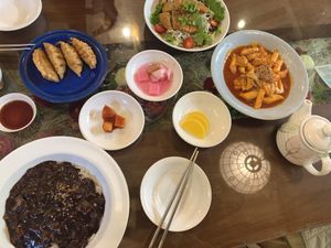 dumplings, vegan cutlet, tteokbokki, jajangmyeon and side dishes   at Oh Se Gae Hyang - 오세계향 in Seoul