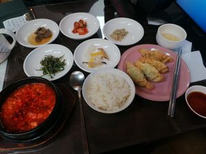 Spicy tofu stew + vegetable dumplings at Oh Se Gae Hyang - 오세계향 in Seoul