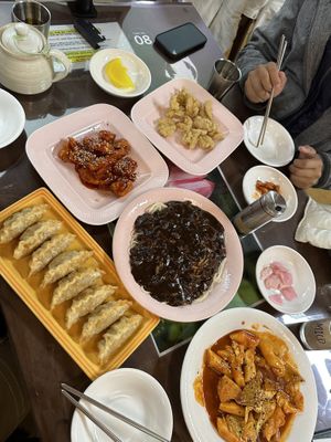 Dumplings, rice rolls, fried chicken and black bean sauce noodles  at Oh Se Gae Hyang - 오세계향 in Seoul