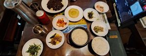 Tofu stew, black bean noodles, vegan egg & side dishes at Oh Se Gae Hyang - 오세계향 in Seoul