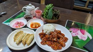 Dumplings, rice and sweet and sour chicken at Oh Se Gae Hyang - 오세계향 in Seoul