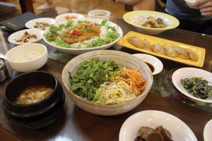 Bimibap, fried dumplings, vege BBQ and the soy cutlet. at Oh Se Gae Hyang - 오세계향 in Seoul