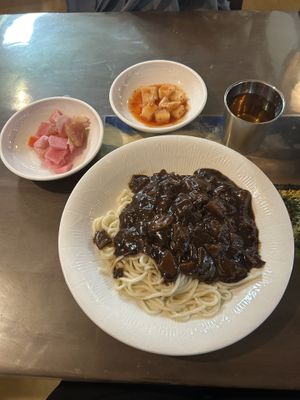 Jjajangmyeon with pickled radish, radish kimchi, and my favorite tea  at Oh Se Gae Hyang - 오세계향 in Seoul