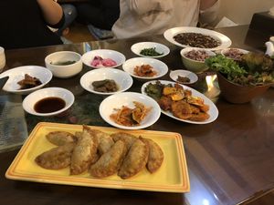 Fried wontons, jjajangmyun, BBQ soy something, with side banchan at Oh Se Gae Hyang - 오세계향 in Seoul