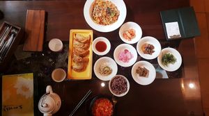 Delicious lunch. Dumplings, spicy noodles and spicy tofu stew. at Oh Se Gae Hyang - 오세계향 in Seoul