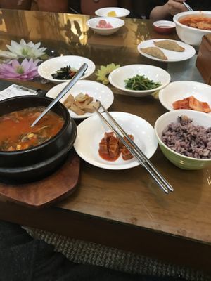 Veggie soy stew with small dishes and rice at Oh Se Gae Hyang - 오세계향 in Seoul