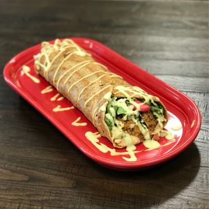 XL Falafel GF lentil wrap, hummus, baked falafel pieces  at Eda's Garden in Yorktown Heights