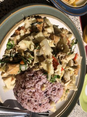 Stir fry basil with rice and veges   at JiJi Restaurant in Mae Hong Son