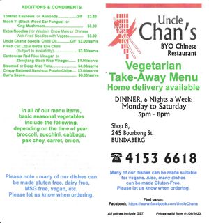 Uncle Chan's Vegetarian Take-Away Menu 01/09/2023 page 1 at Uncle Chan's in Bundaberg