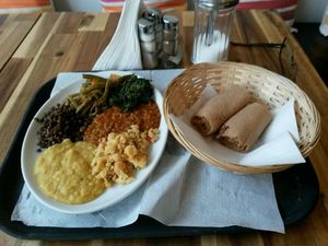 Selection of 5 dishes + injera at Engocha in North West London