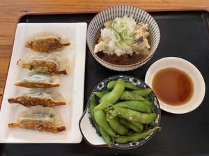 Gyozas, eggplant and edamame  at Osaka Sushi Tonkatsu in Vientiane