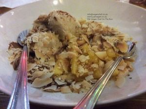 Very few non vegan establishments pick up the baton to take their service further with dessert offerings, a lovely sweet way to finish off any good vegan meal, but this one does! So off course, we simply had to drop an additional R60.00 to their bill ! 

For dessert we enjoyed The Amistoso  (cashew cream, caramel, pineapple, orange flavoured crumble, coconut shavings). It looked nothing like the neat presentation on their menu however we both agreed on taste sensation. The combination is perfect, we cannot fault and it's satisfying enough to share! 

Well done, we are coming back!  at Col'Cacchio Pizzeria - Montecasino in Johannesburg