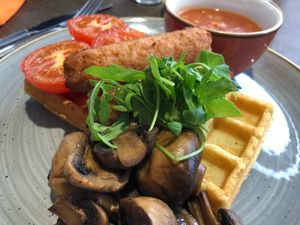 Vegan breakfast waffle  at Cod & Waffle in Leighton Buzzard
