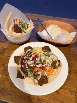 Falafel salad plate and falafel pita  at Falafel Bar in Budapest