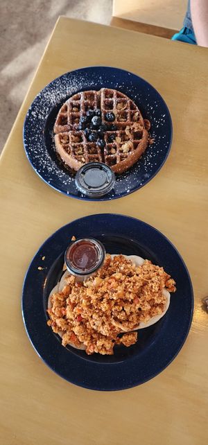 Blueberry waffle and tofu and soyrizo tacos at Savage Goods in El Paso