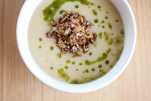 Potato Leek Soup (vegan) topped with savory granola and basil olive oil at Savage Goods in El Paso