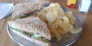 $8.50 Marinated Tofu sandwich, so good with the garlic aoli sauce! Come with a side of kettle chips at Savage Goods in El Paso