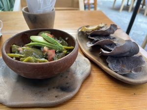 Ensalada de nopales .  This is a salad made out of young nopal cactuses.  Basically a mix of nopales, salsa, and avocado.  at Hierba Dulce in Oaxaca