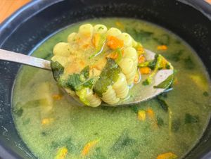 Giant piece of corn in my sopa de guías  at Hierba Dulce in Oaxaca