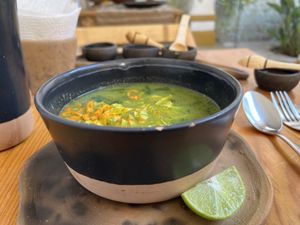 Beautiful sopa de guías.  Never had anything like this before, my favorite thing I had here.  I think it’s pumpkin flowers and various stems.  Doesn’t sound great, but it is. at Hierba Dulce in Oaxaca