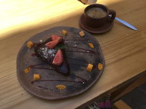 Chocolate cake - I think 80 pesos, machiatto 33 pesos  at Hierba Dulce in Oaxaca