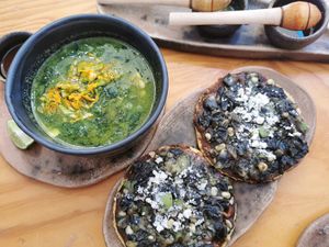 Sopa de guías y memelas at Hierba Dulce in Oaxaca