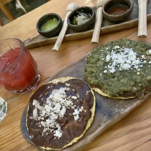 memelas - frijoles (black) y papas (green)  at Hierba Dulce in Oaxaca