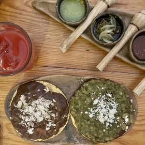 memelas - frijoles (black) y papas (green)  at Hierba Dulce in Oaxaca