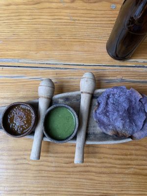 free chips & (amazing) salsa  at Hierba Dulce in Oaxaca