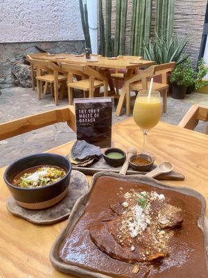 Red bean soup, mango drink, enchiladas  at Hierba Dulce in Oaxaca