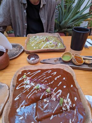 Enchiladas (green) & enfrijoladas at Hierba Dulce in Oaxaca