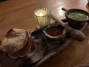 Homemade chips and salsas for the table at Hierba Dulce in Oaxaca