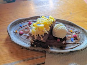 Brownie with ice cream at Hierba Dulce in Oaxaca