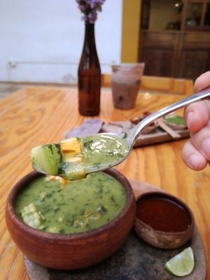 Zucchini blossoms, corn and chipil at Hierba Dulce in Oaxaca