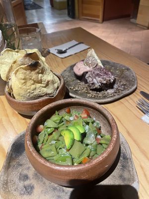 Nopales salad and brownie with seasonal fruit ice cream   at Hierba Dulce in Oaxaca