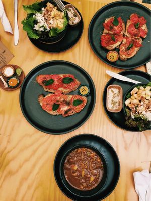 Soup, salad, tomato toast - YUM! at Hierba Dulce in Oaxaca