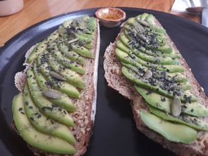 "Tapas de aguacate", sourdough homemade bread w/ avocado, very tasty #avocado at Hierba Dulce in Oaxaca