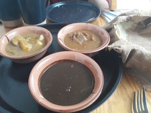 The next 3 of the 7 moles: negro, amarillo and almendrado. The mole negro is particularly well balanced! #mole at Hierba Dulce in Oaxaca