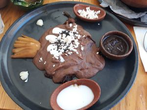 Chile relleno with beans, homemade vegan cheese and cream and hibiscus' kind-of jam. Very well balanced and delicious at Hierba Dulce in Oaxaca