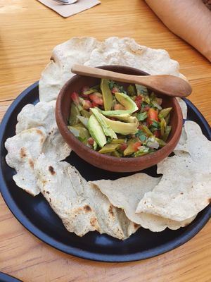 Ensalada Nopales with tortillas  at Hierba Dulce in Oaxaca