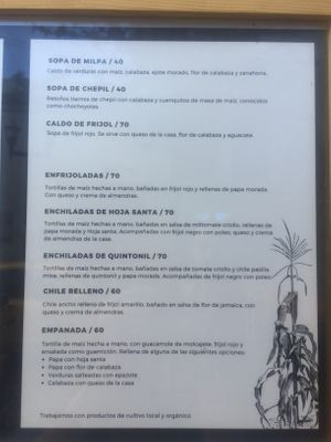 Menu at Hierba Dulce in Oaxaca