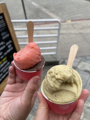 strawberry & dark chocolate (left), vegan pistachio (right)  at Bobboi Natural Gelato in La Jolla