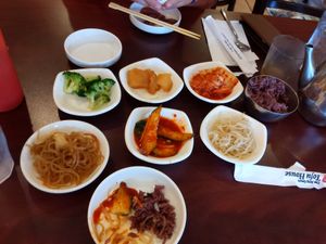 the standard Korean first course was delicious at Dae Jang Geum Tofu House in Daly City