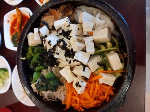 Vegetable bibimbop. It came with an egg yoke that I gave to my friend. at Dae Jang Geum Tofu House in Daly City