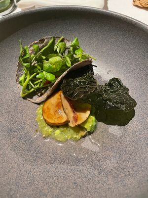 Pickled mushrooms, green tomatillo salsa, watercress taco at Cafe Des Artistes in Puerto Vallarta