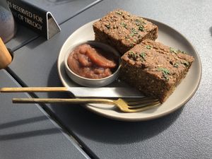 Vegan spelt and millet cornbread with apple butter at Trilogy Coffee in Kilauea